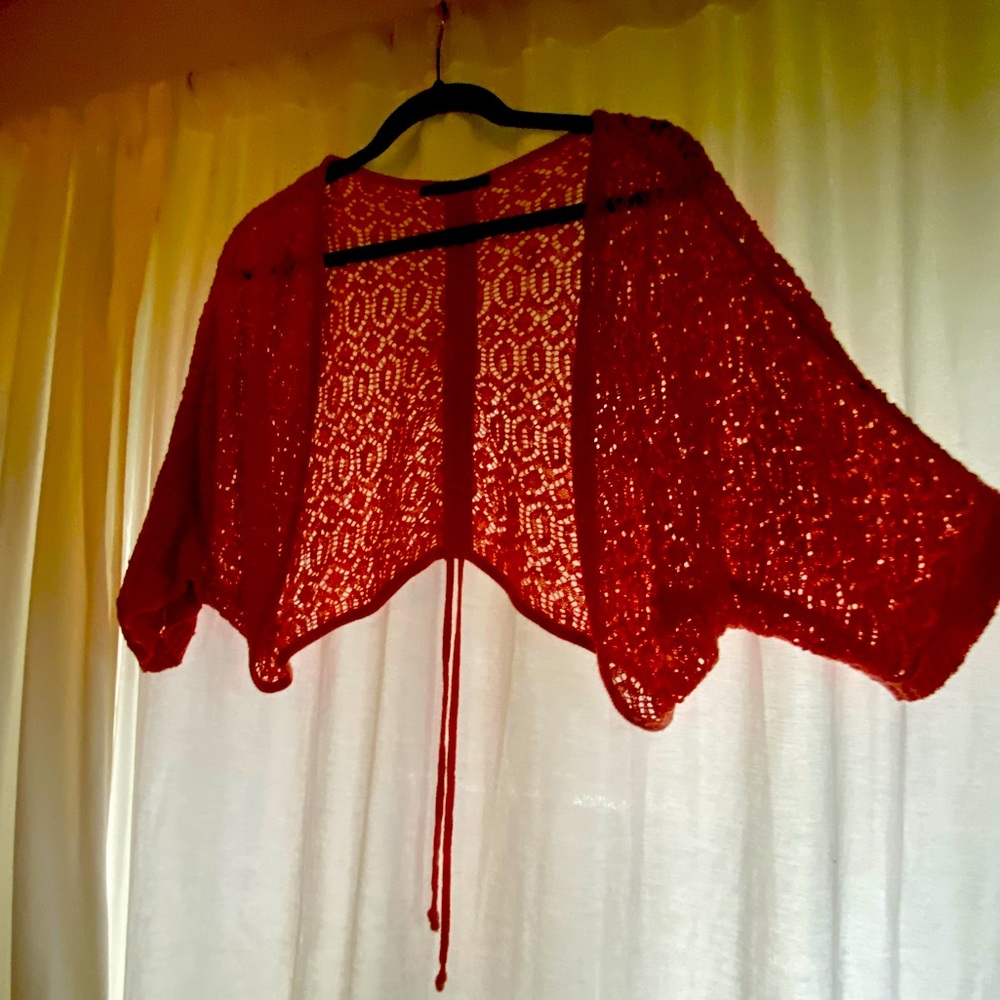 Maurices 1/2 sleeve crocheted coral cardigan.